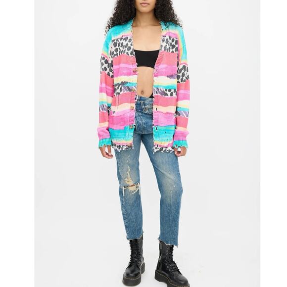R13 Women's XS Distressed Edge Oversized Cardigan Rainbow Multi Stripe Leopard - Picture 3 of 13